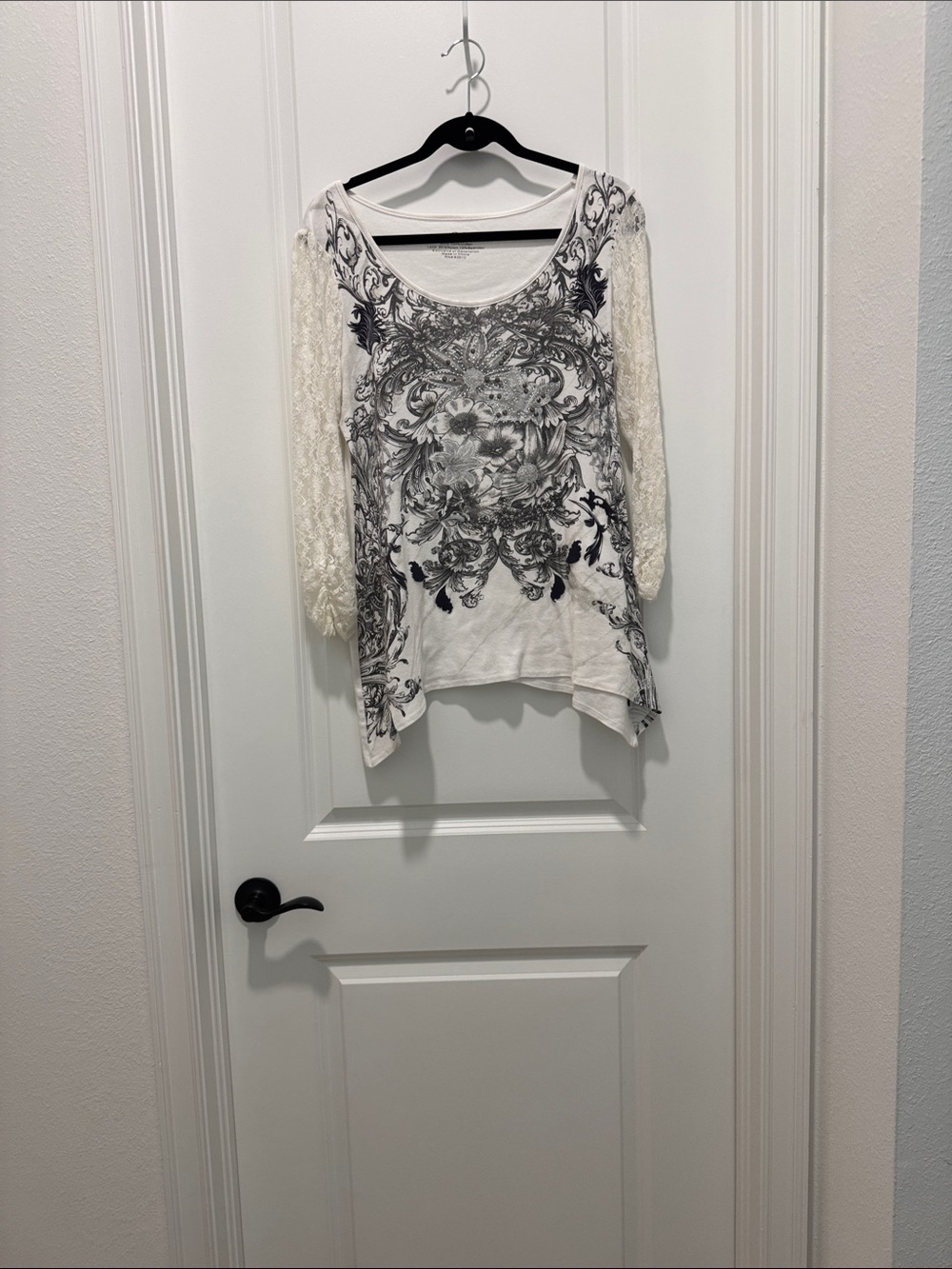RXB White Scoop Neck Lace Sleeve Graphic Long Sleeve Tee